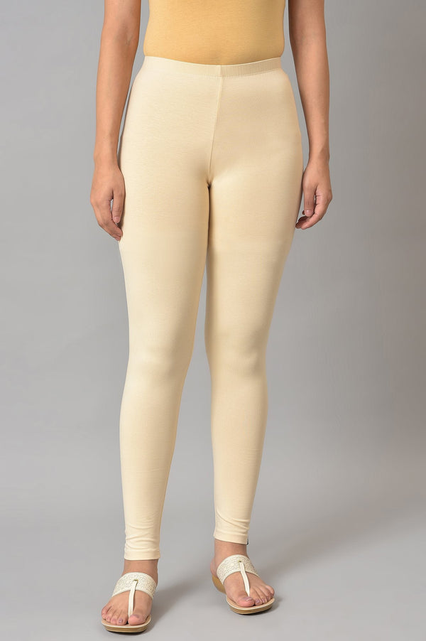 Beige Solid Skinny Fit Cotton Tights With Elasticated Waistband