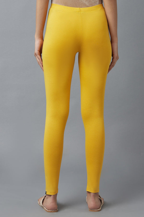 Yellow Solid Skinny Fit Cotton Tights With Elasticated Waist