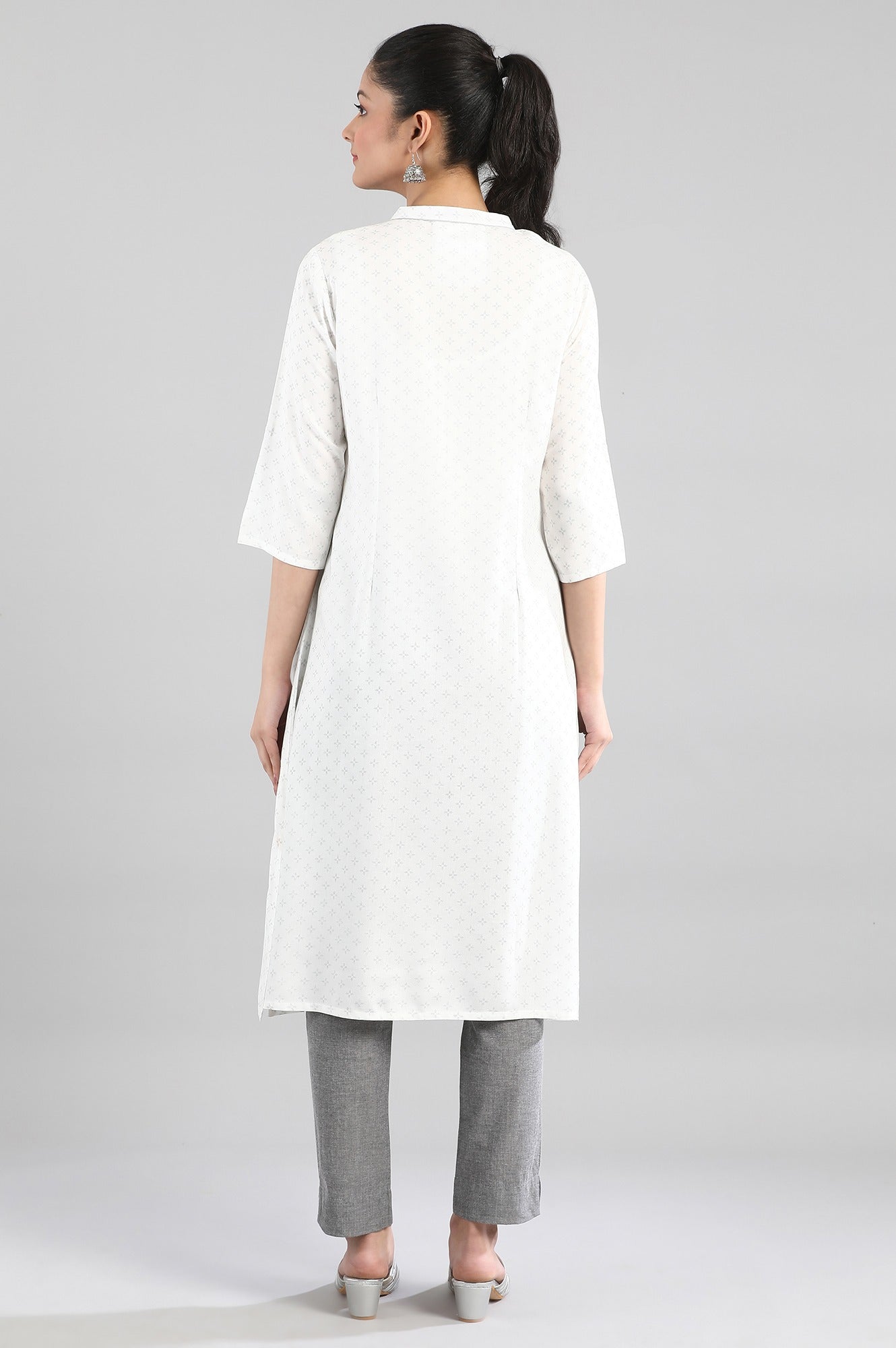 White Printed Button Placket kurta