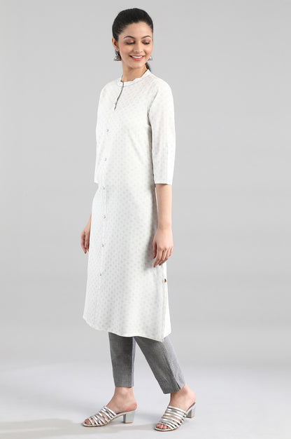 White Printed Button Placket kurta