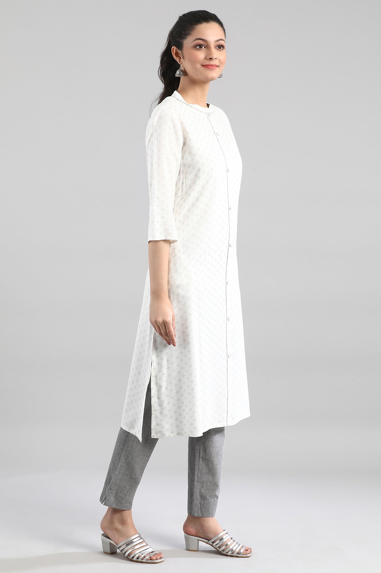 White Printed Button Placket kurta