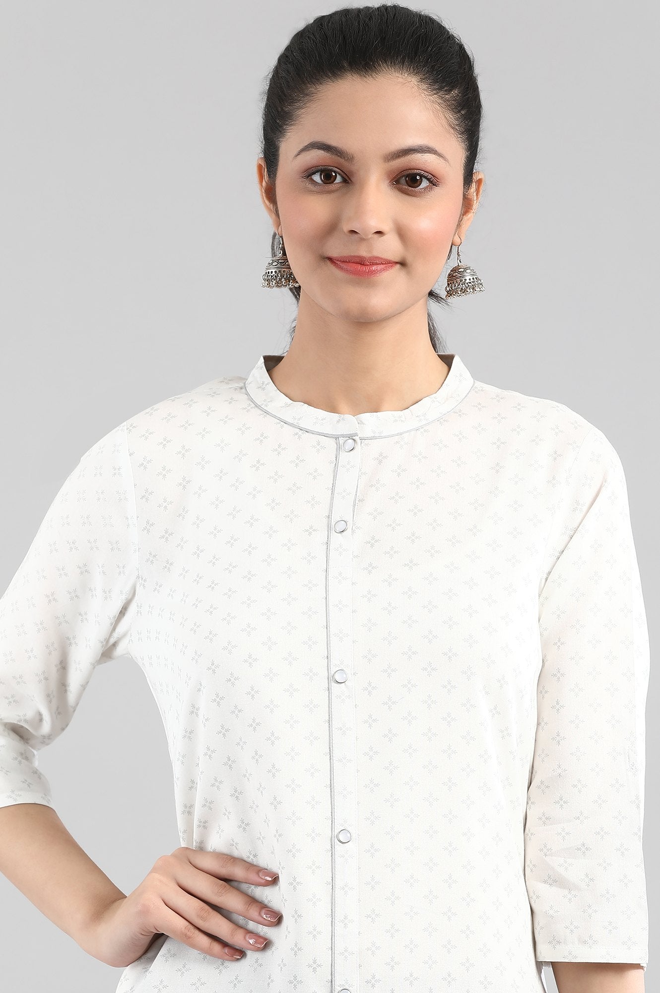 White Printed Button Placket kurta