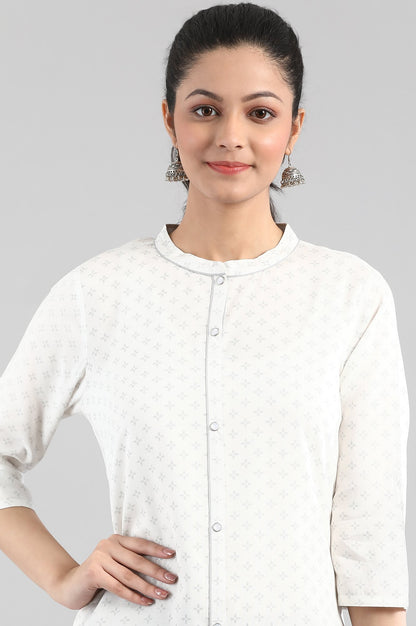 White Printed Button Placket kurta