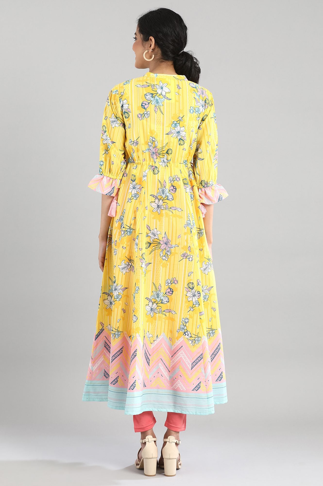 Yellow Printed A-line kurta