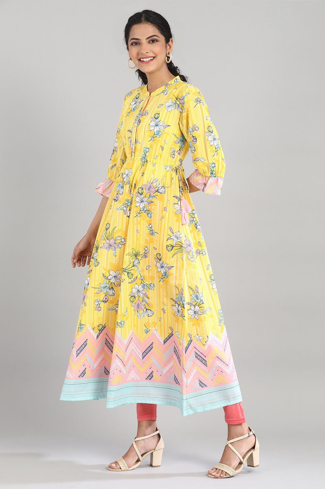 Yellow Printed A-line kurta