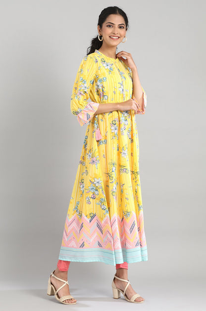 Yellow Printed A-line kurta