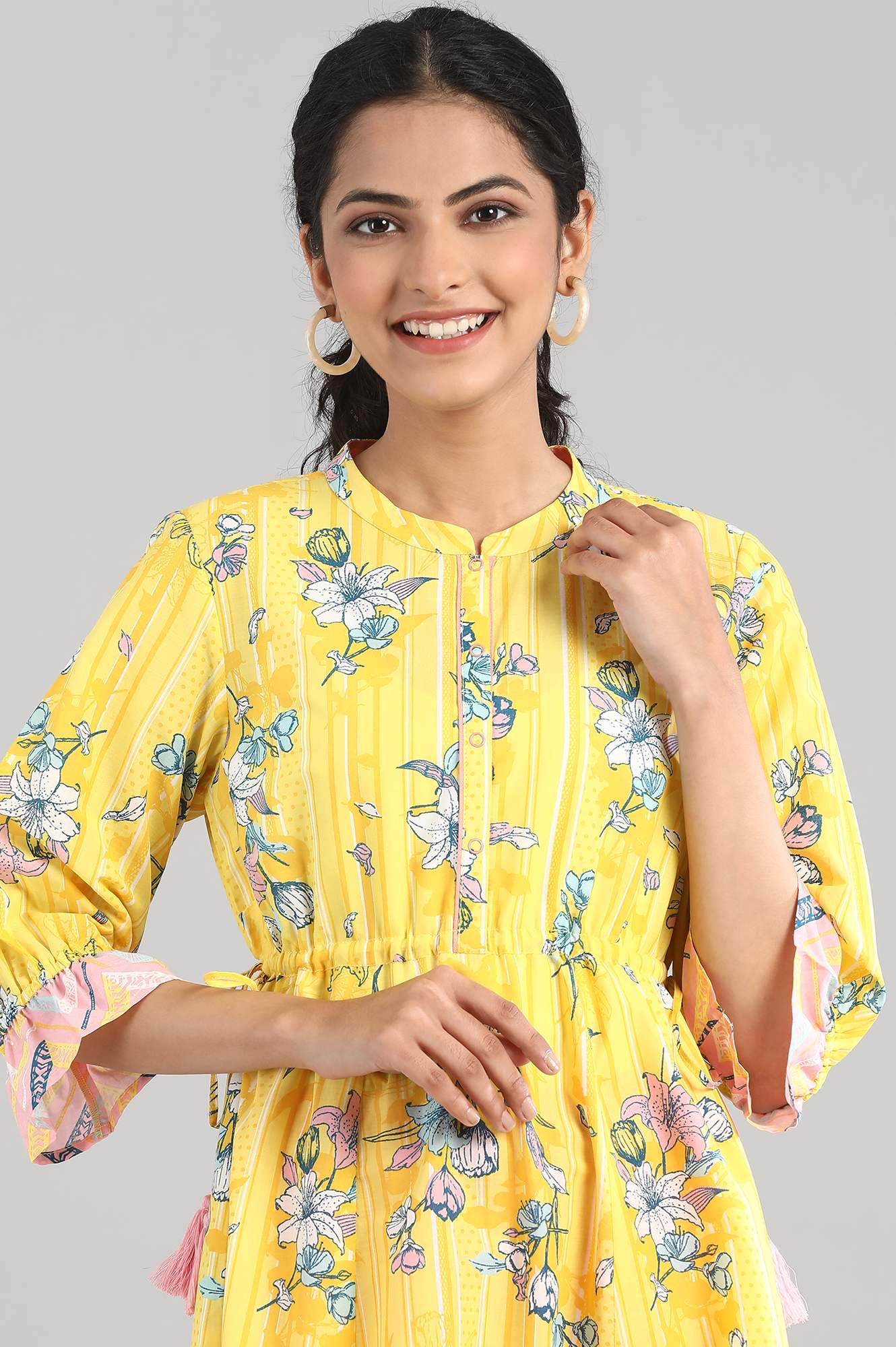 Yellow Printed A-line kurta