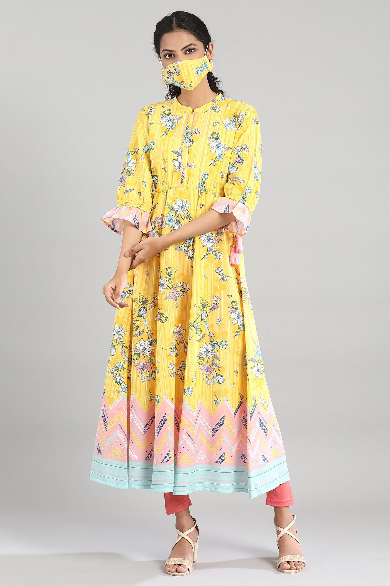 Yellow Printed A-line kurta