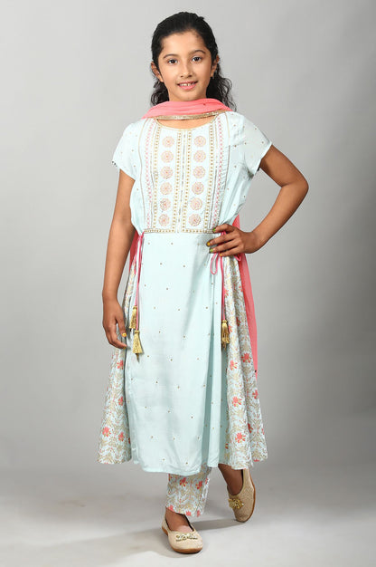 Blue Embroidered kurta-Palazzo-Dupatta Girls Set