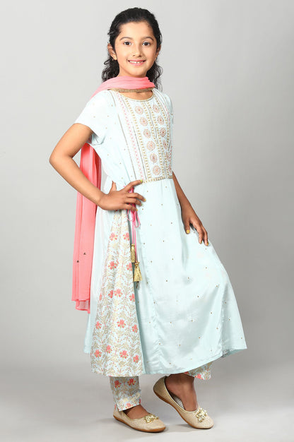 Blue Embroidered kurta-Palazzo-Dupatta Girls Set