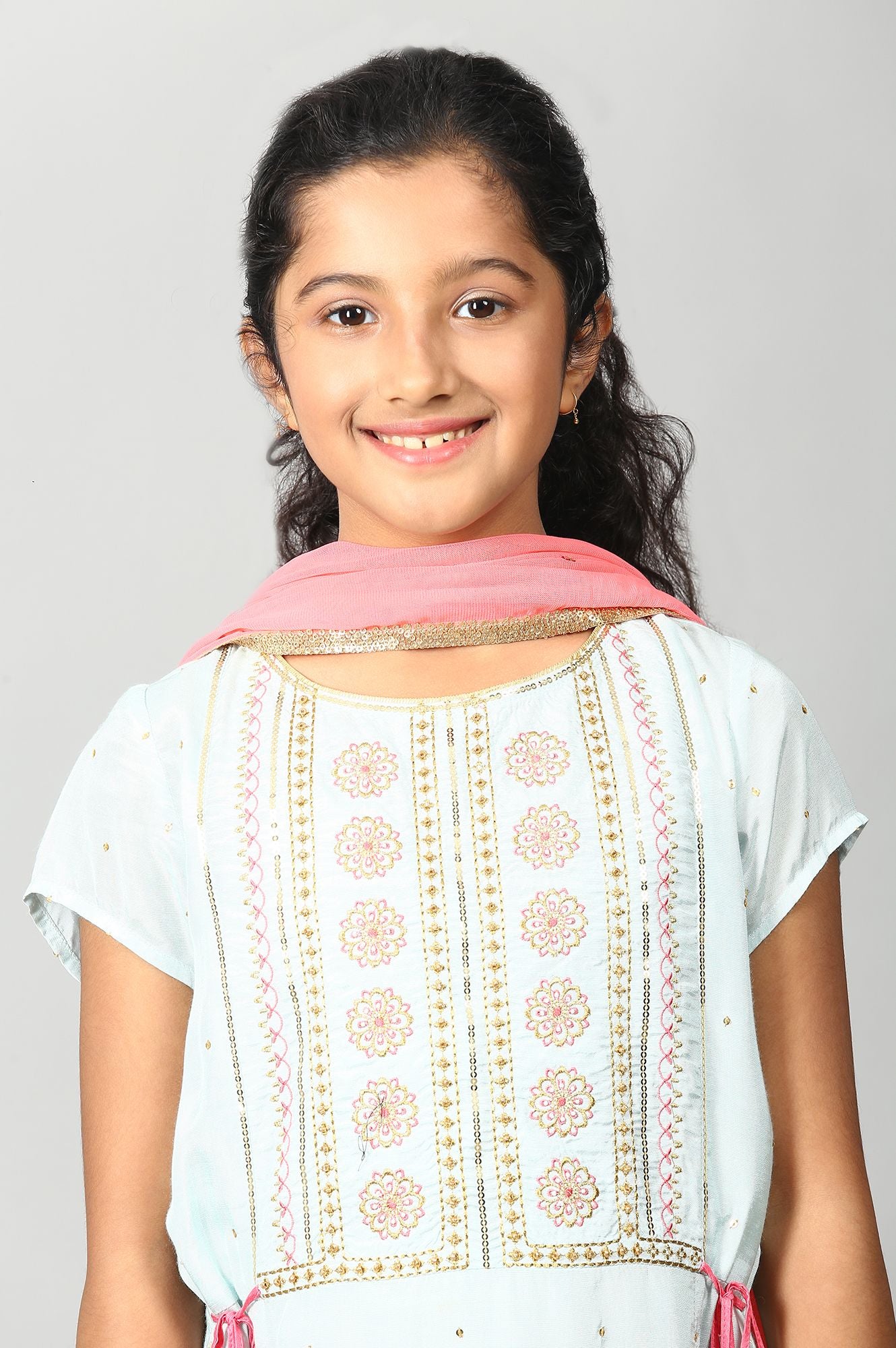 Blue Embroidered kurta-Palazzo-Dupatta Girls Set