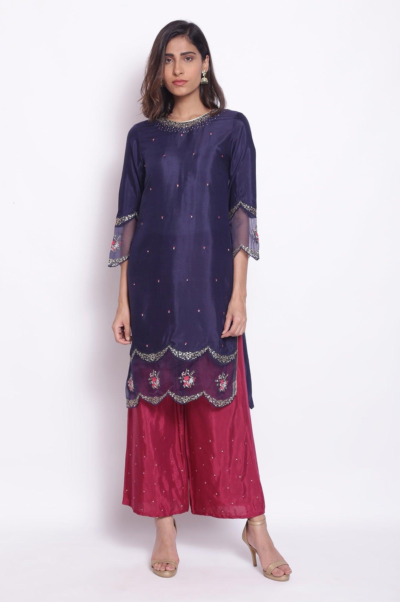 Navy Embroidered kurta - wforwoman