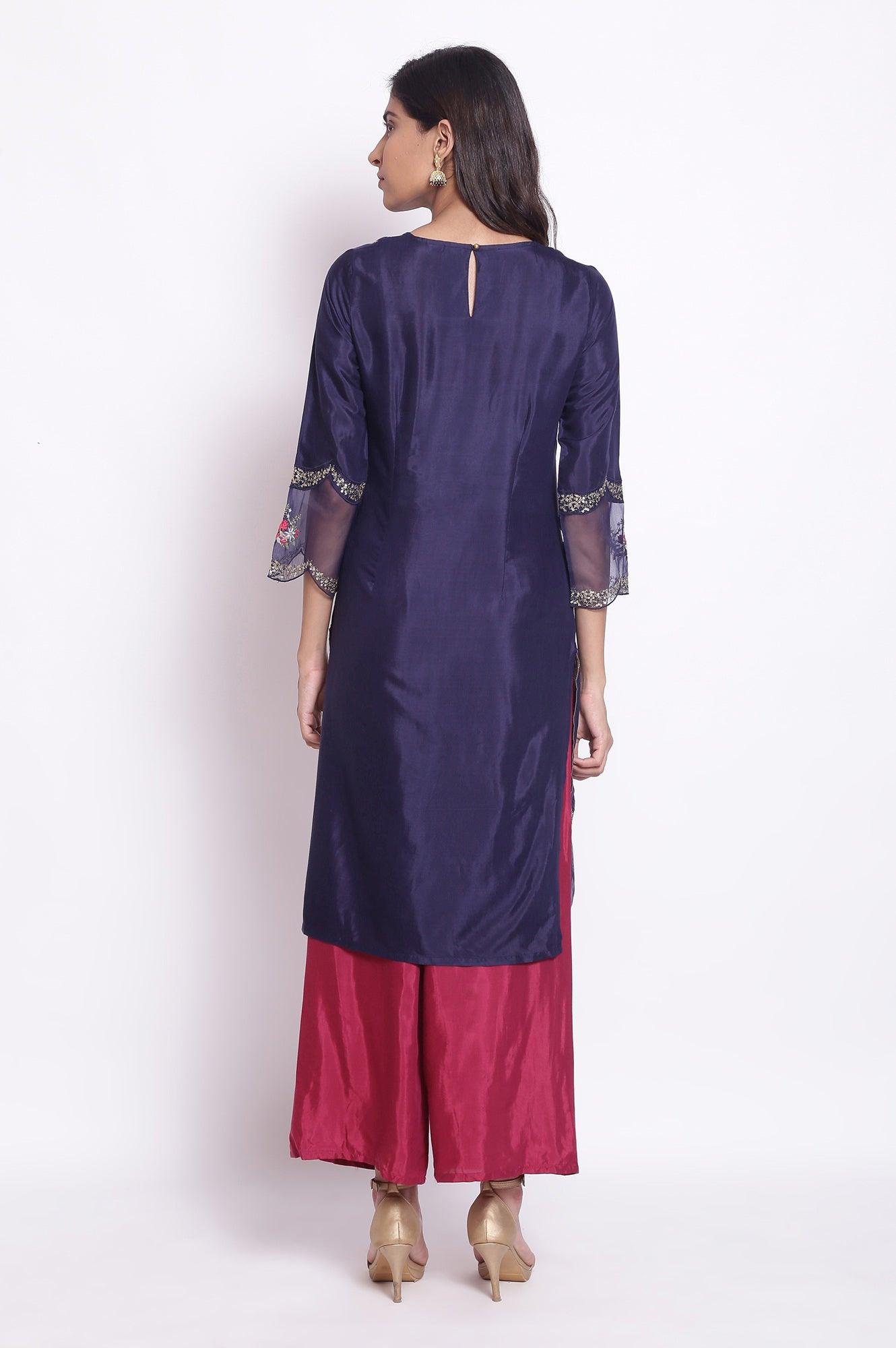 Navy Embroidered kurta - wforwoman