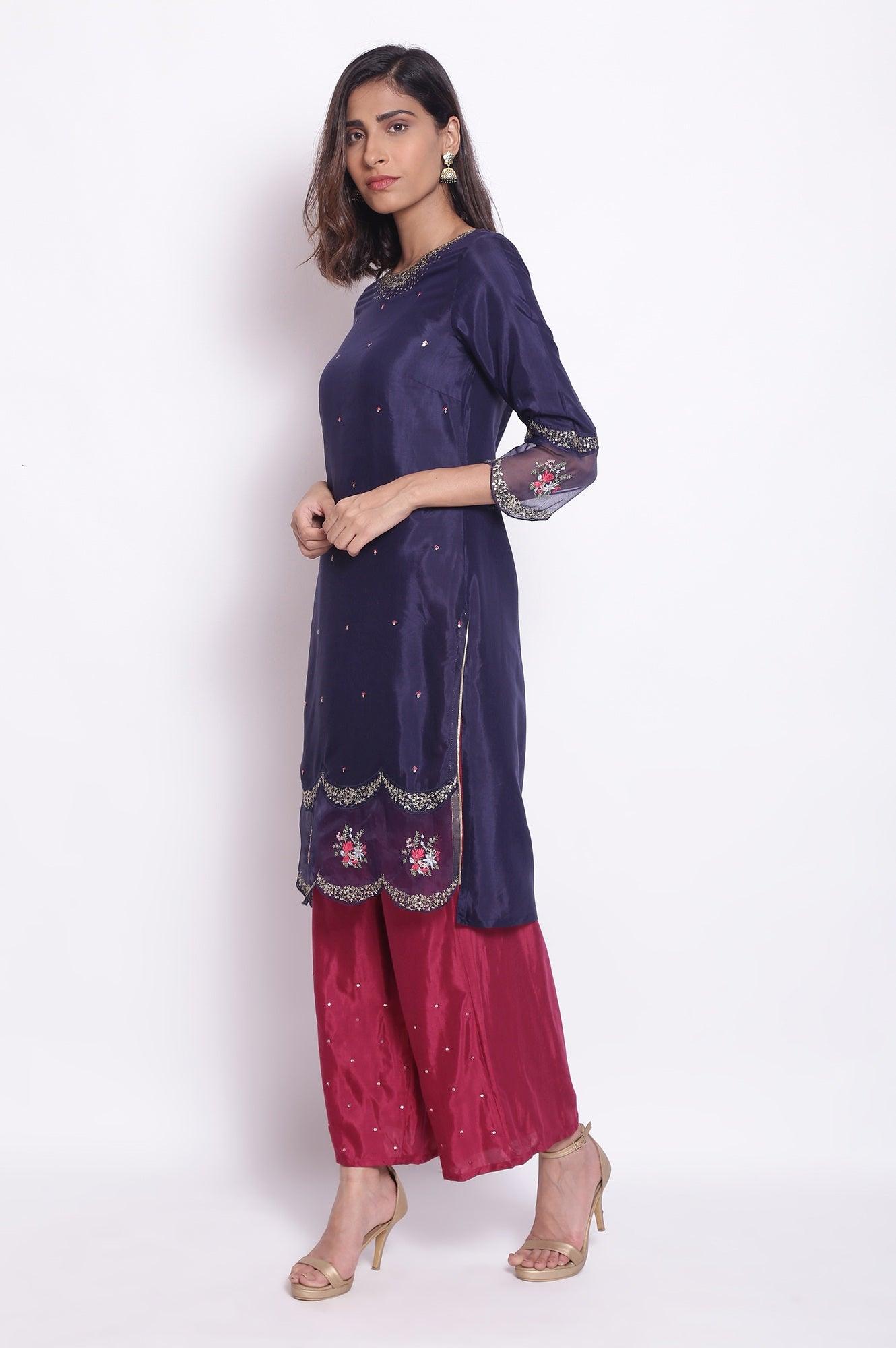 Navy Embroidered kurta - wforwoman