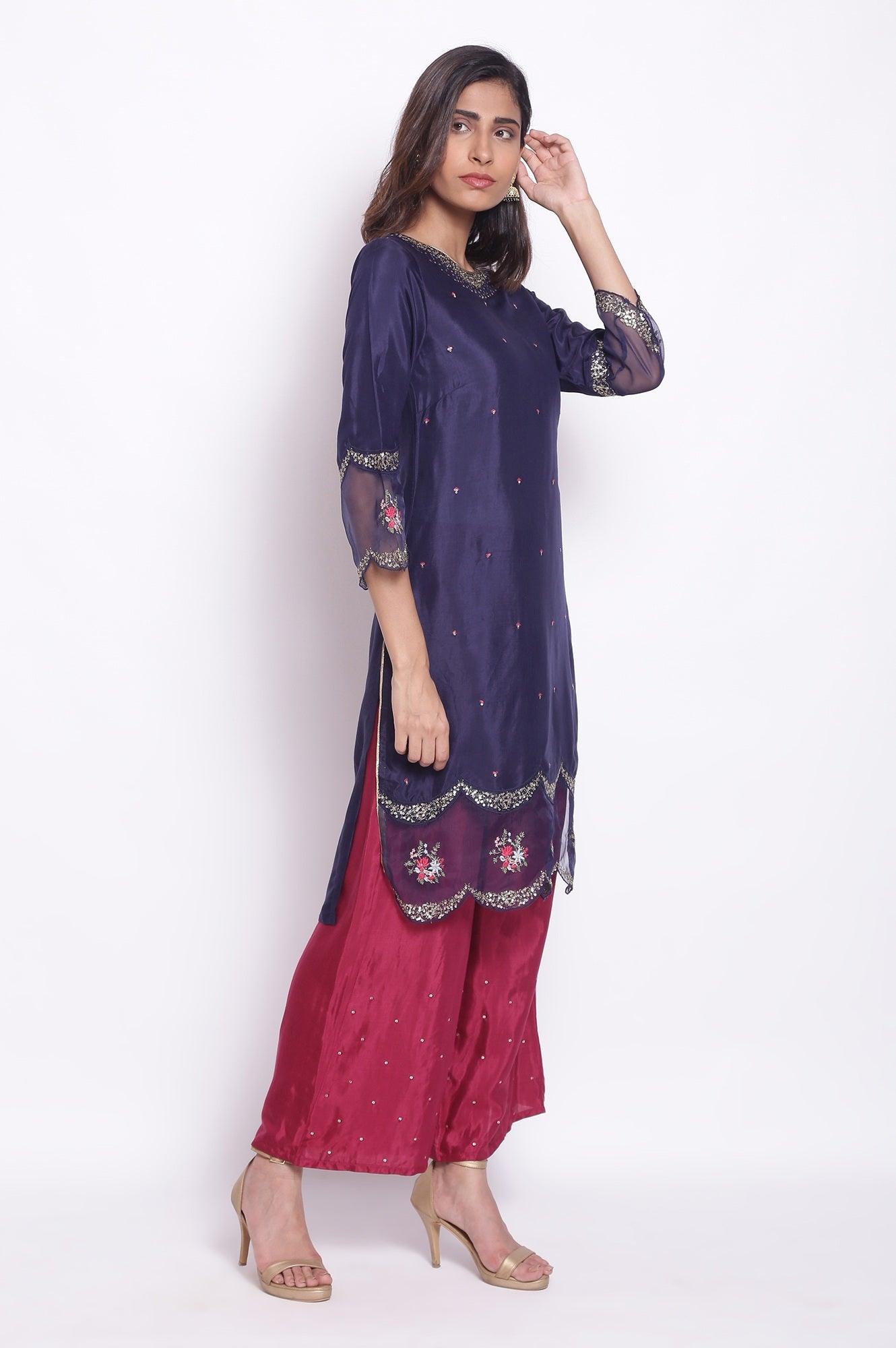 Navy Embroidered kurta - wforwoman