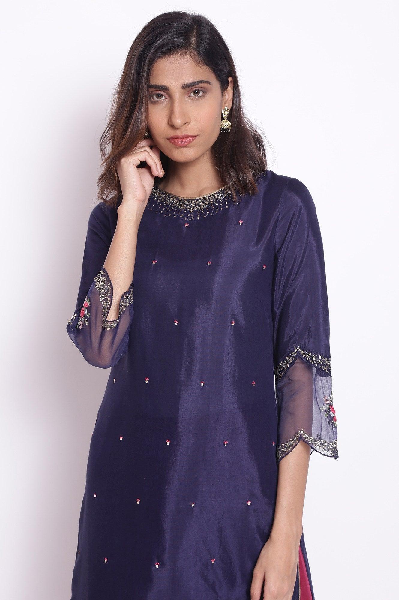 Navy Embroidered kurta - wforwoman