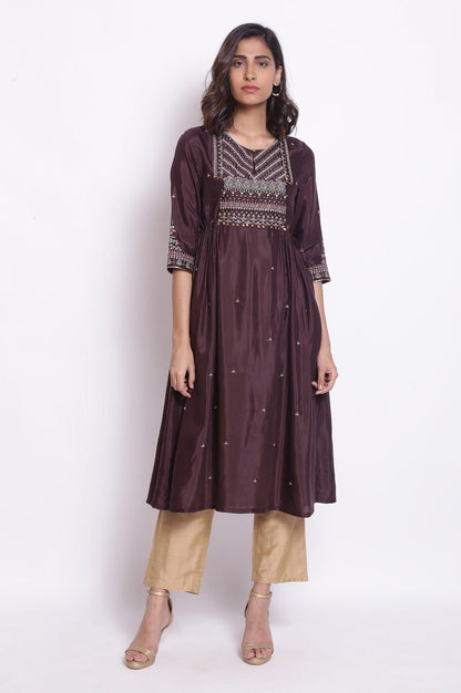 Chocolate Brown A-Line Embroidered kurta - wforwoman