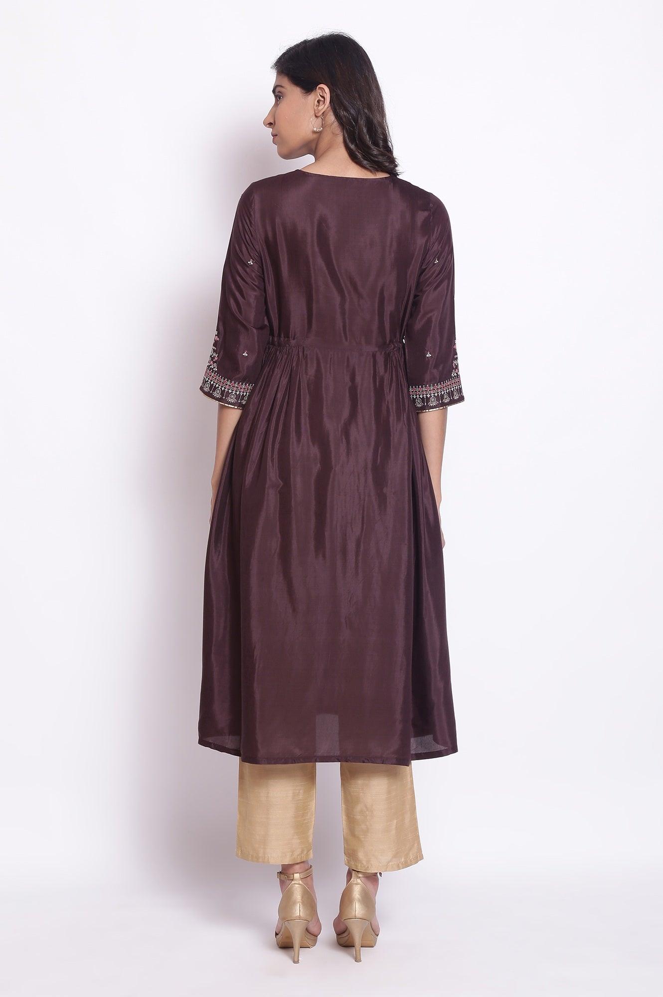 Chocolate Brown A-Line Embroidered kurta - wforwoman