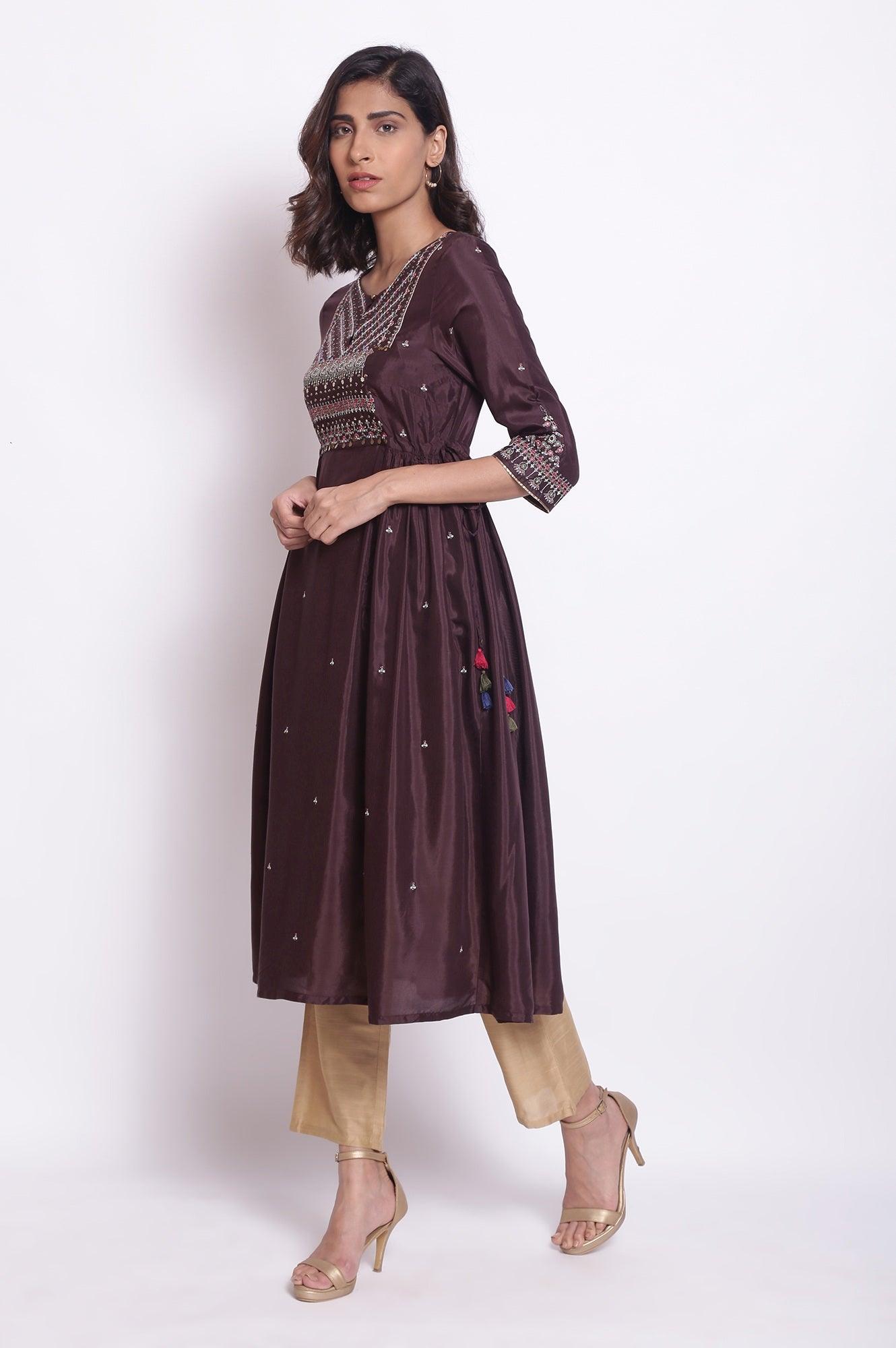 Chocolate Brown A-Line Embroidered kurta - wforwoman