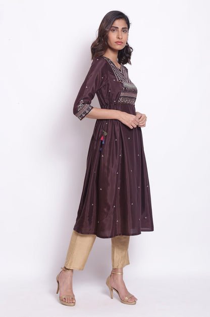 Chocolate Brown A-Line Embroidered kurta - wforwoman