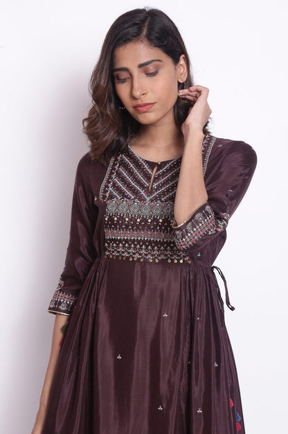 Chocolate Brown A-Line Embroidered kurta - wforwoman