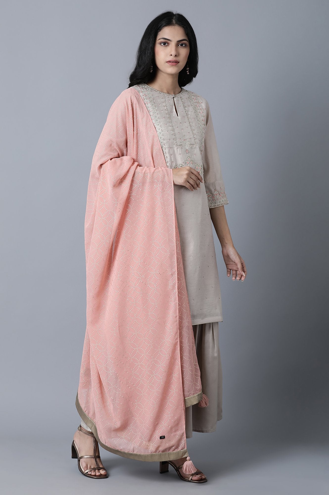 Grey kurta-Sharara-Drape Set