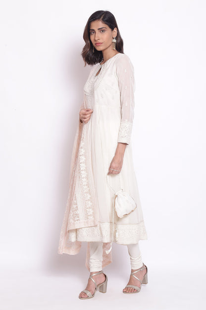 Light Yellow Anarkali kurta-Churidar-Drape Set