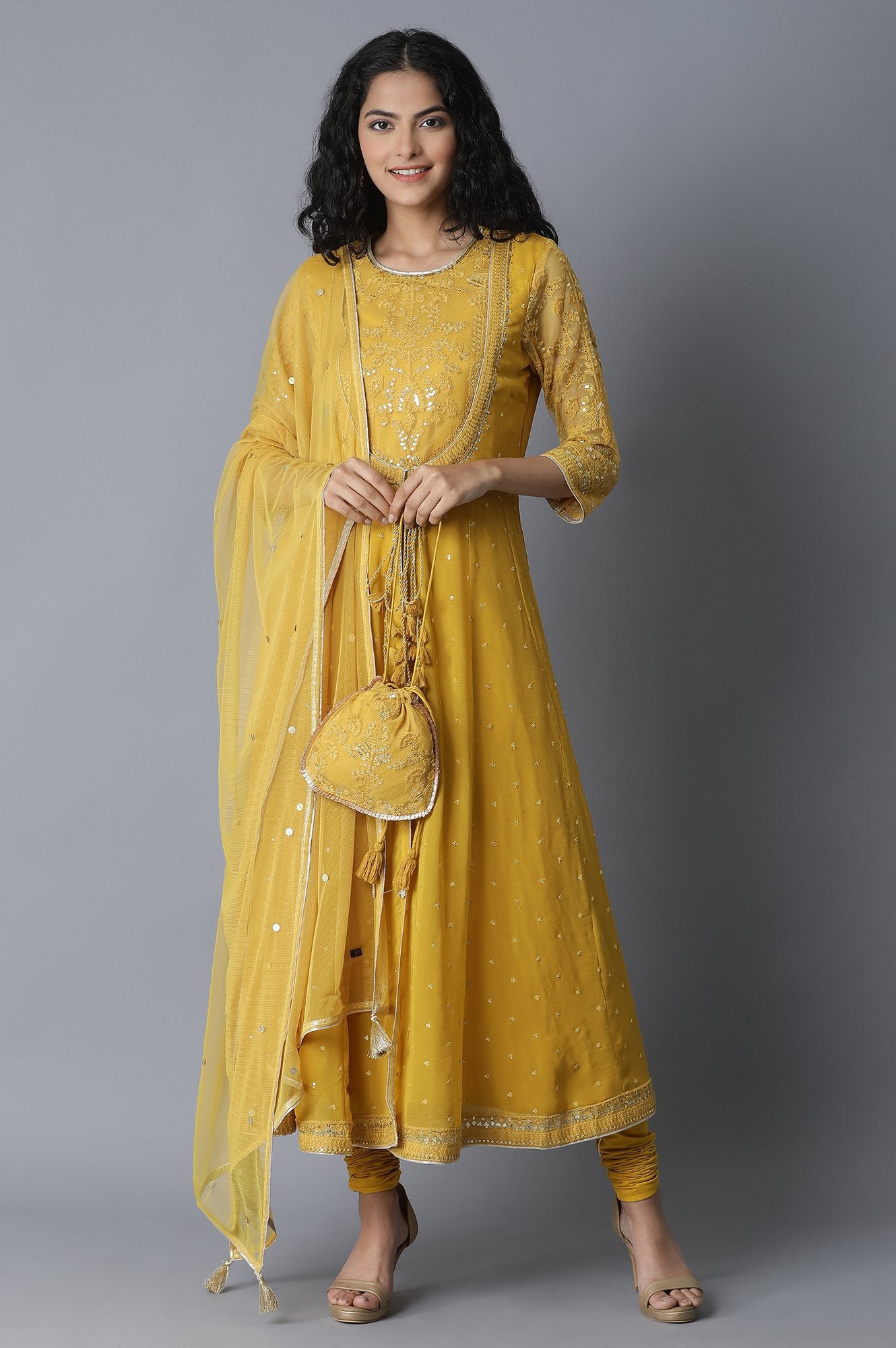 Mustard Yellow Anarkali kurta- Churidar-Drape Set