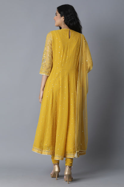 Mustard Yellow Anarkali kurta- Churidar-Drape Set