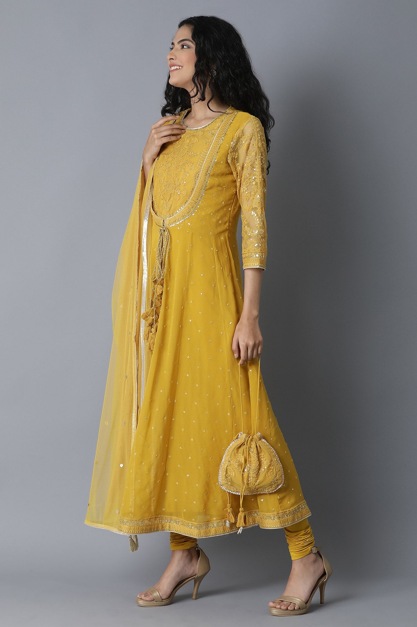 Mustard Yellow Anarkali kurta- Churidar-Drape Set