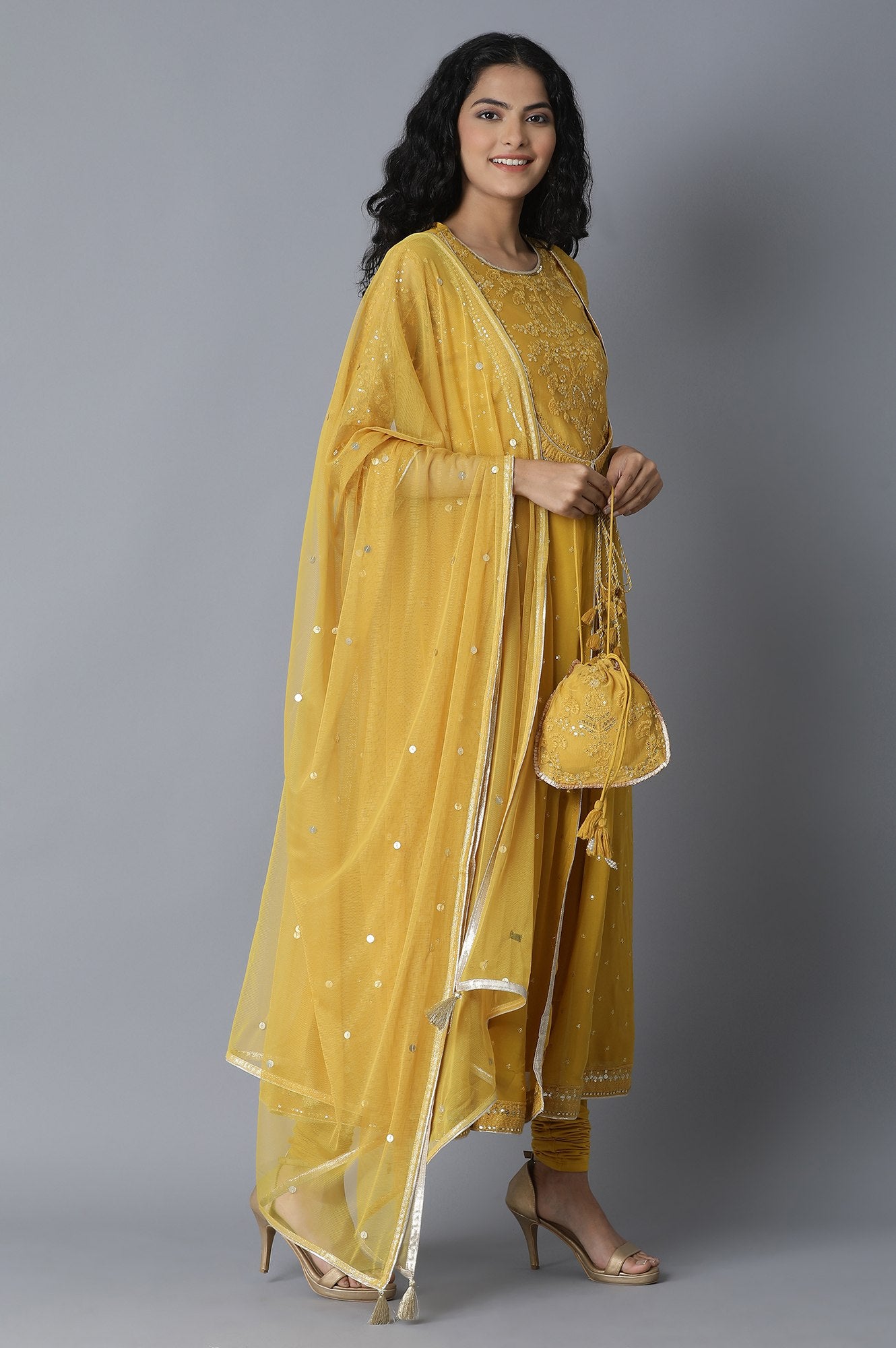 Mustard Yellow Anarkali kurta- Churidar-Drape Set