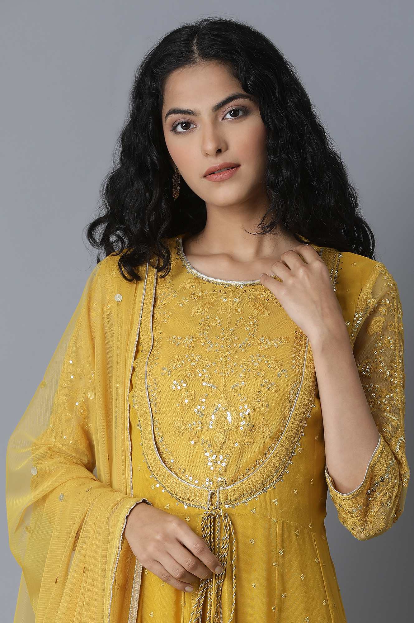 Mustard Yellow Anarkali kurta- Churidar-Drape Set