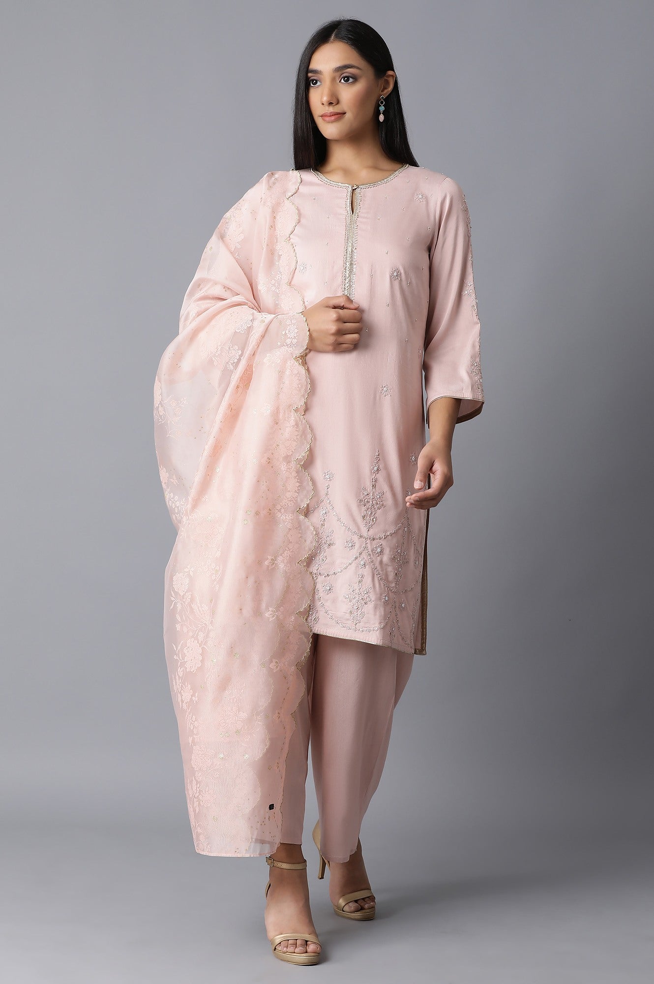 Peach A-Line kurta-Dhoti Pants Set