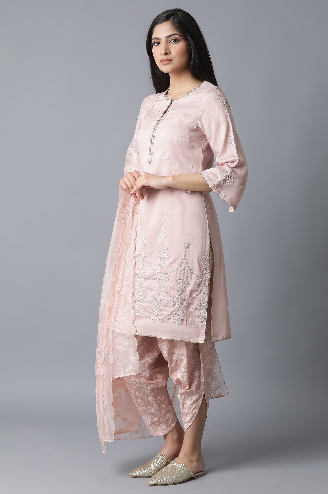 Peach A-line kurta-Dhoti Pants Set