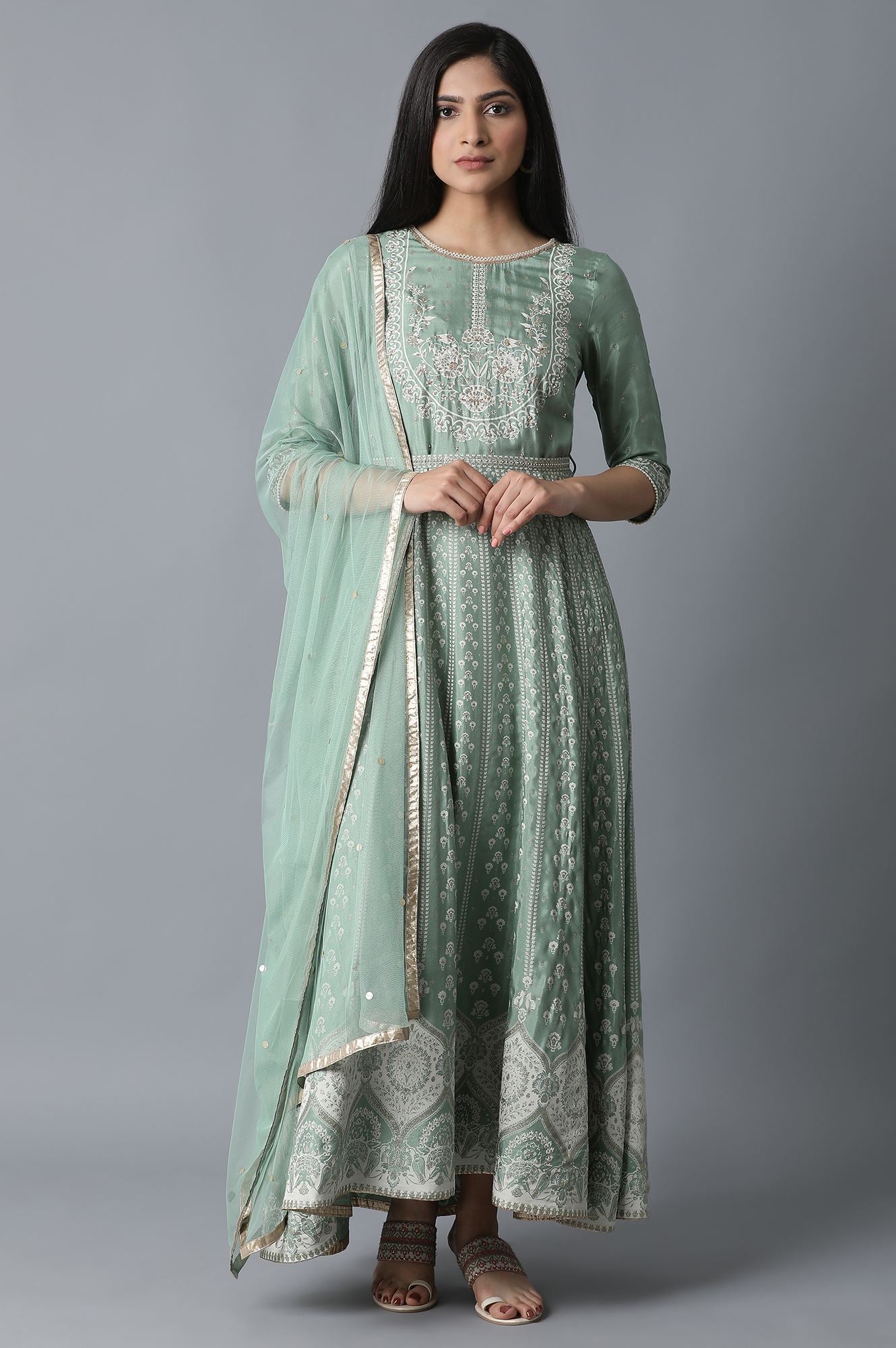 Light Green Flared Dress-Drape Set