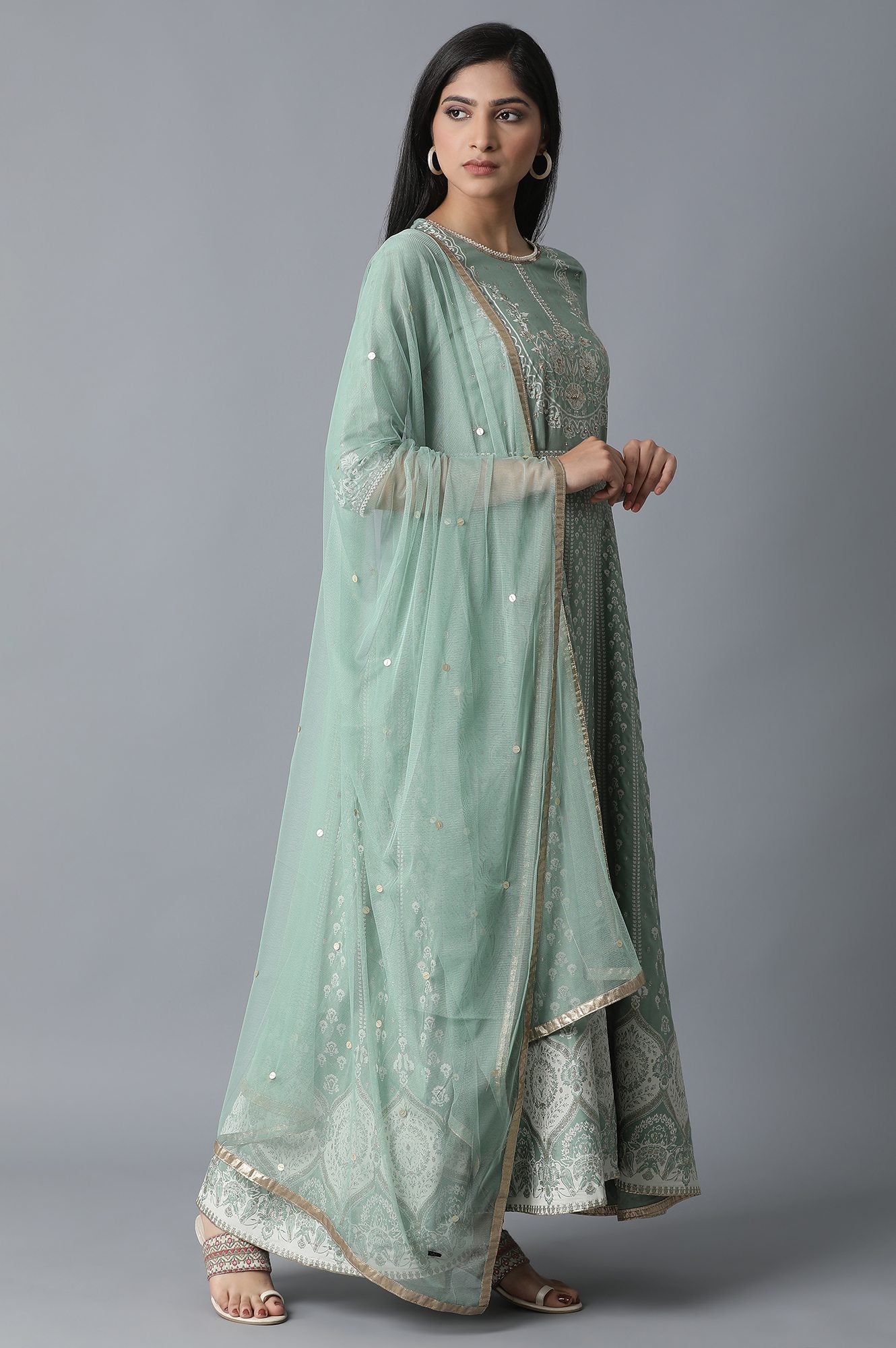 Light Green Flared Dress-Drape Set