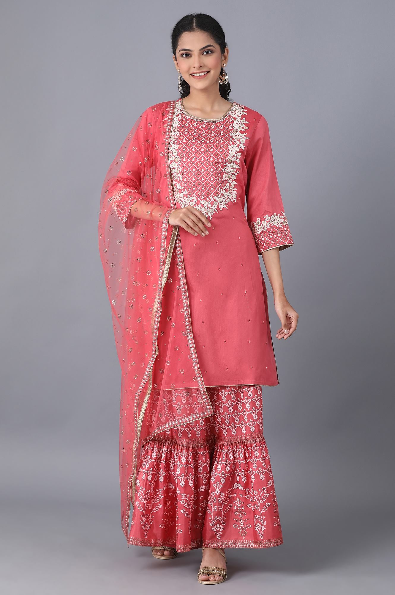 Coral kurta-Sharara-Drape Set