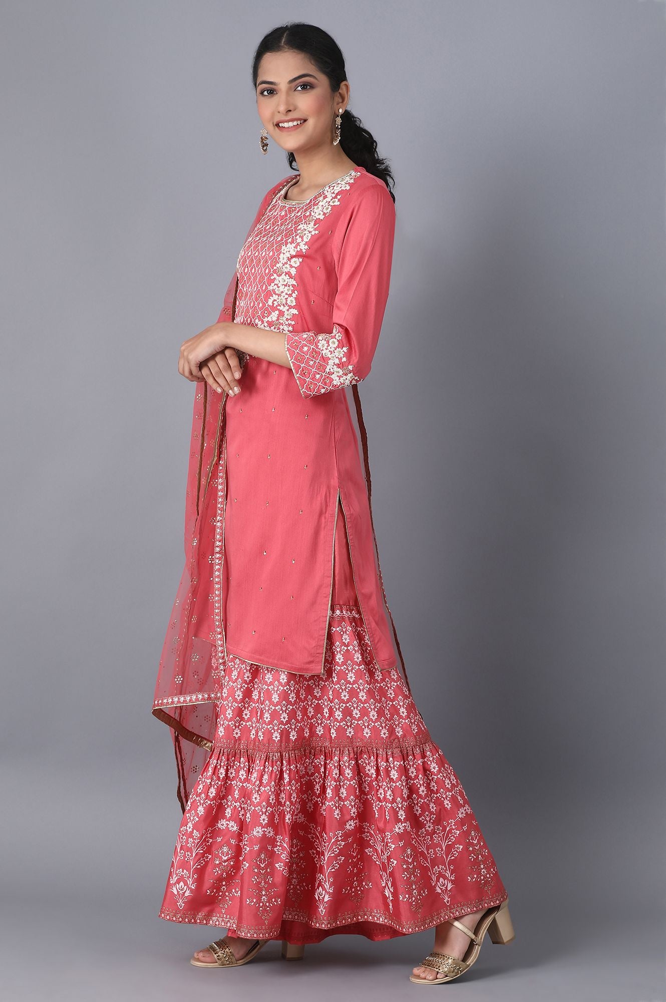 Coral kurta-Sharara-Drape Set