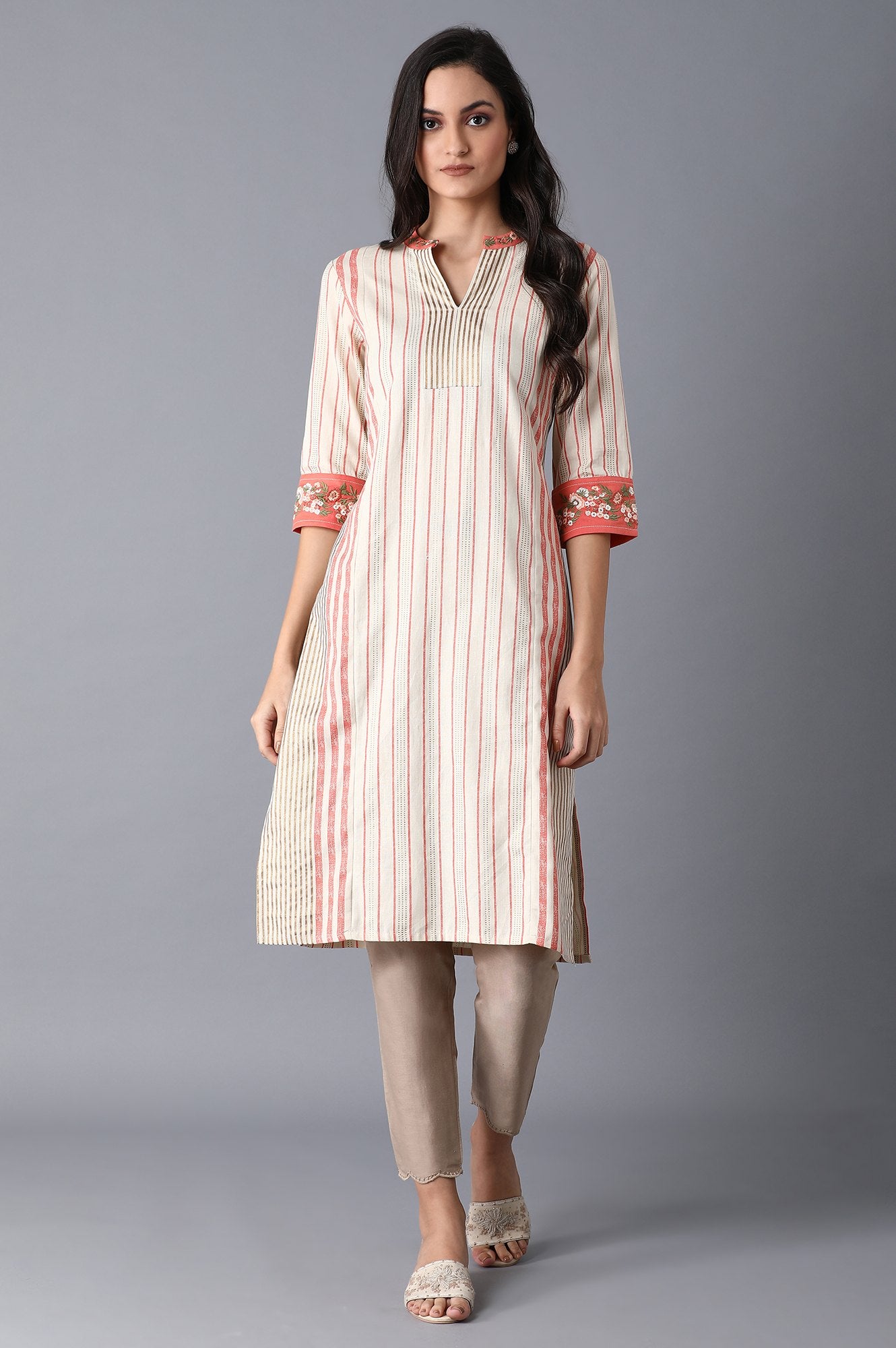 Ecru and Orange Stripes Straight kurta