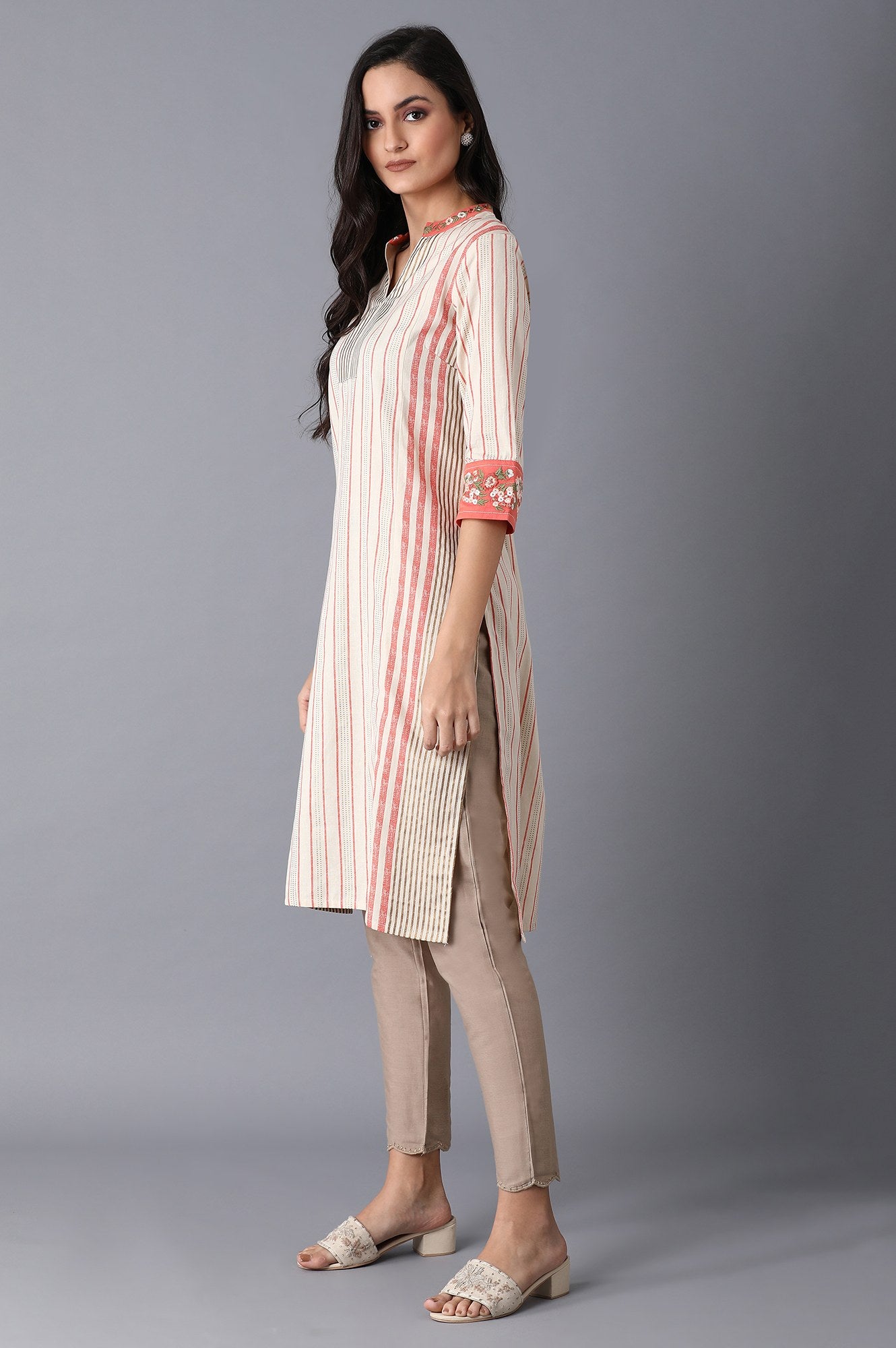 Ecru and Orange Stripes Straight kurta