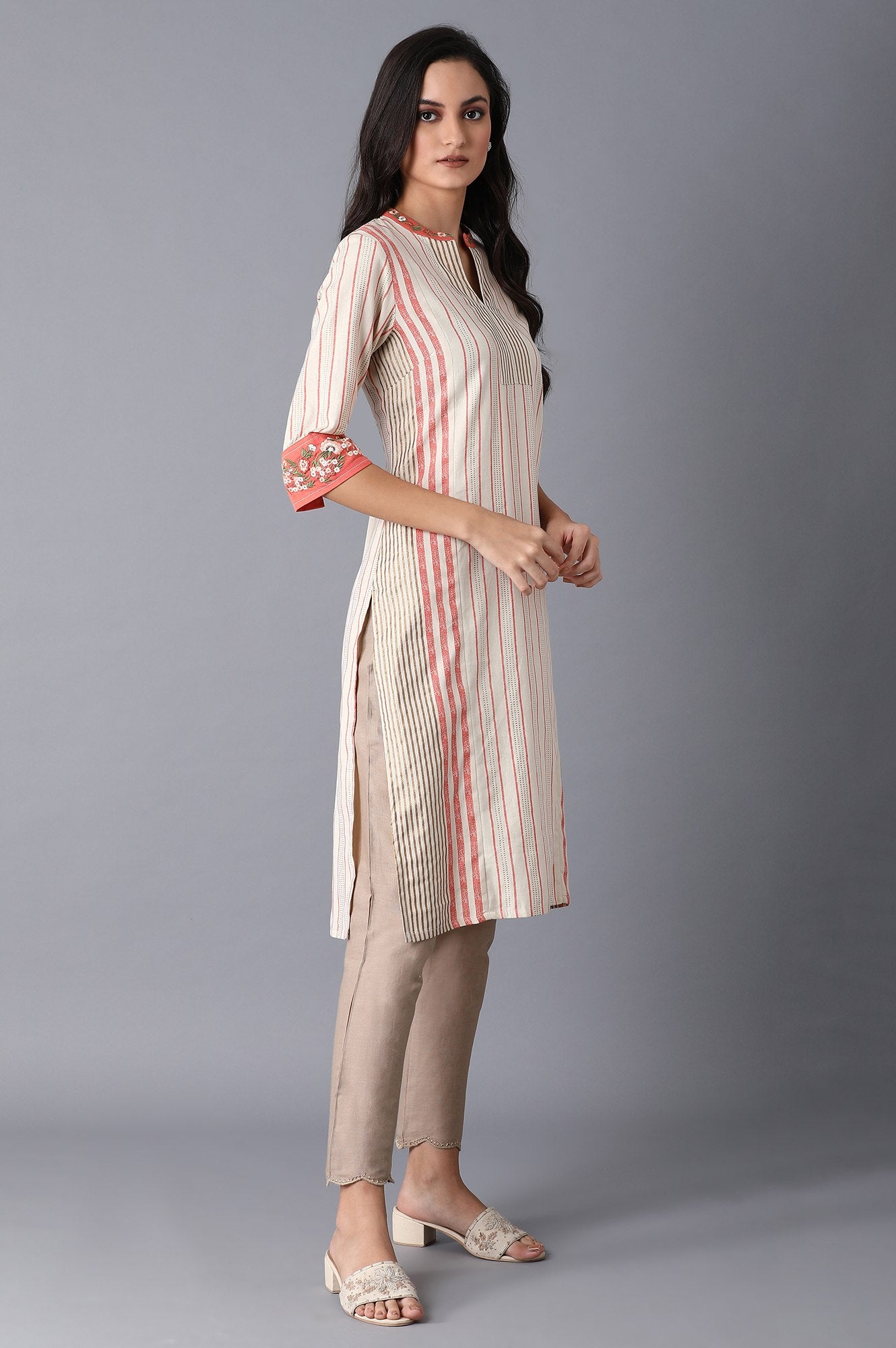 Ecru and Orange Stripes Straight kurta