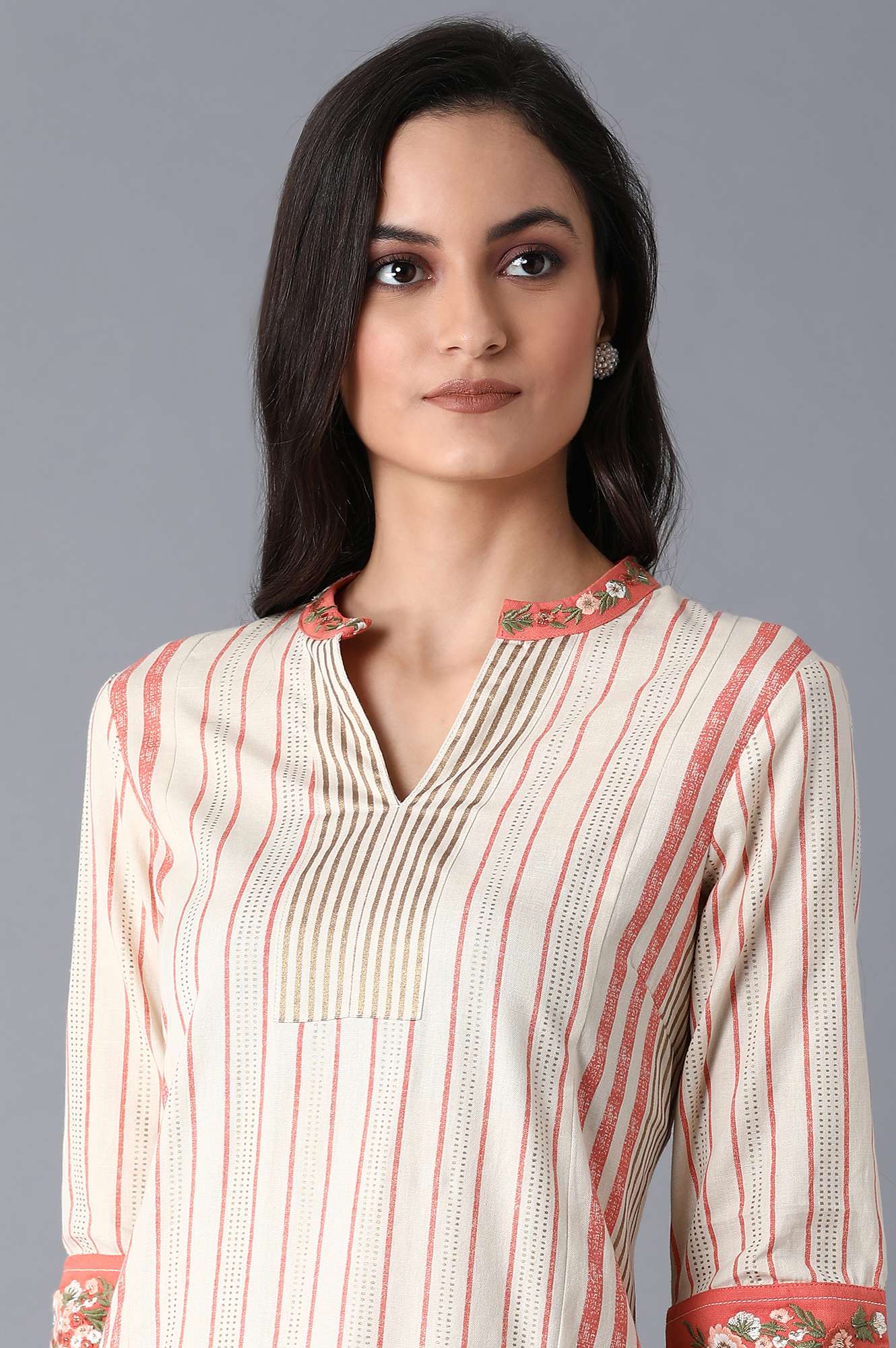 Ecru and Orange Stripes Straight kurta