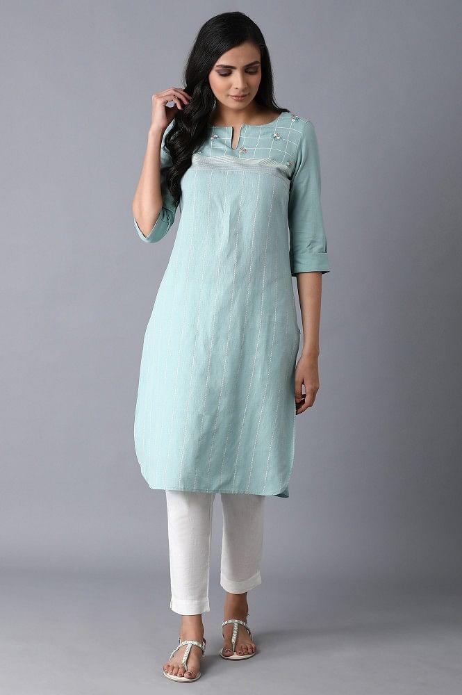 Light Blue Floral Grid Embroidered kurta - wforwoman