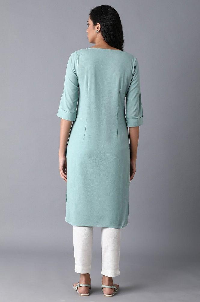 Light Blue Floral Grid Embroidered kurta - wforwoman