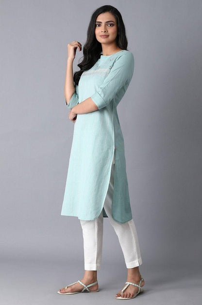 Light Blue Floral Grid Embroidered kurta - wforwoman