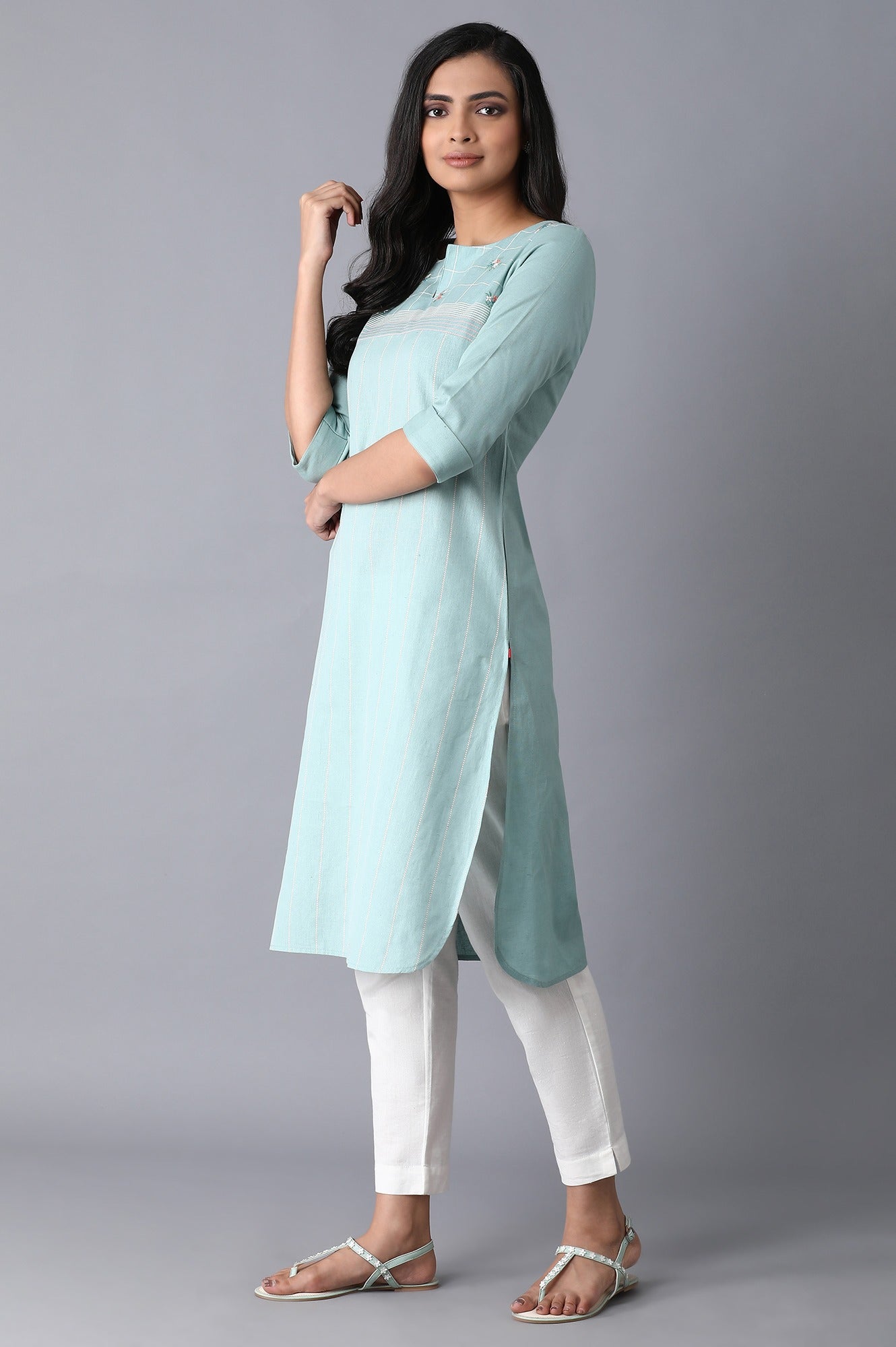 Light Blue Floral Grid Embroidered kurta