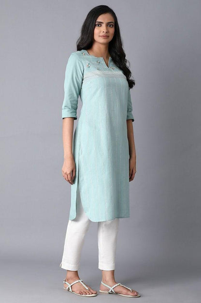 Light Blue Floral Grid Embroidered kurta - wforwoman