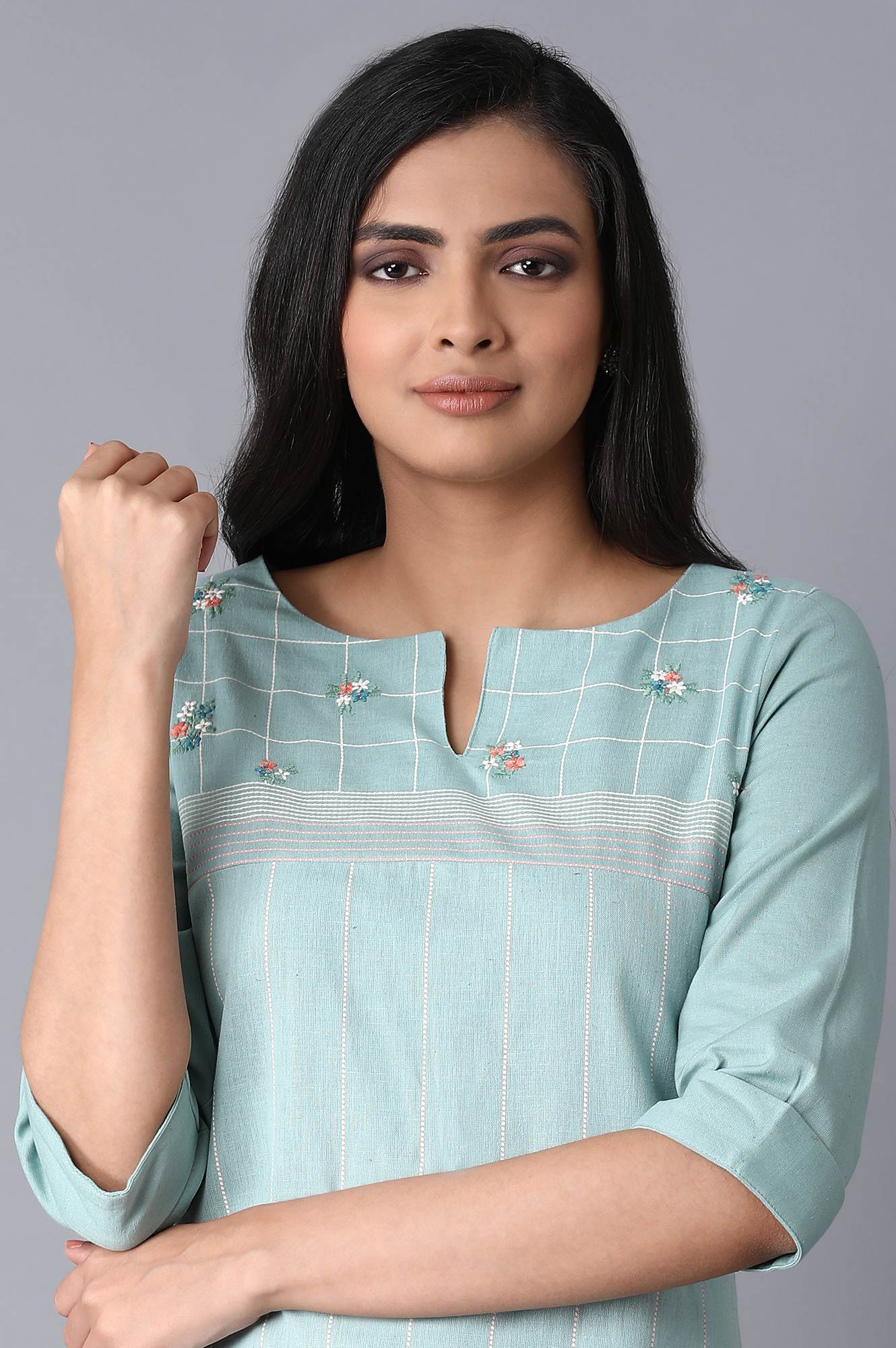 Light Blue Floral Grid Embroidered kurta