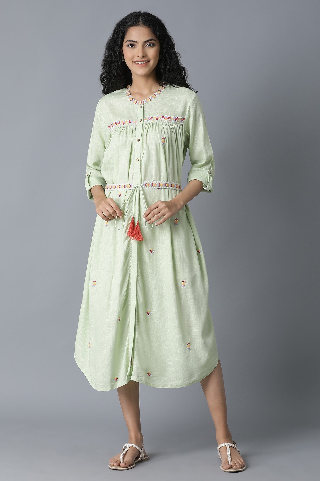 Pista Green Gathered Shirt Dress