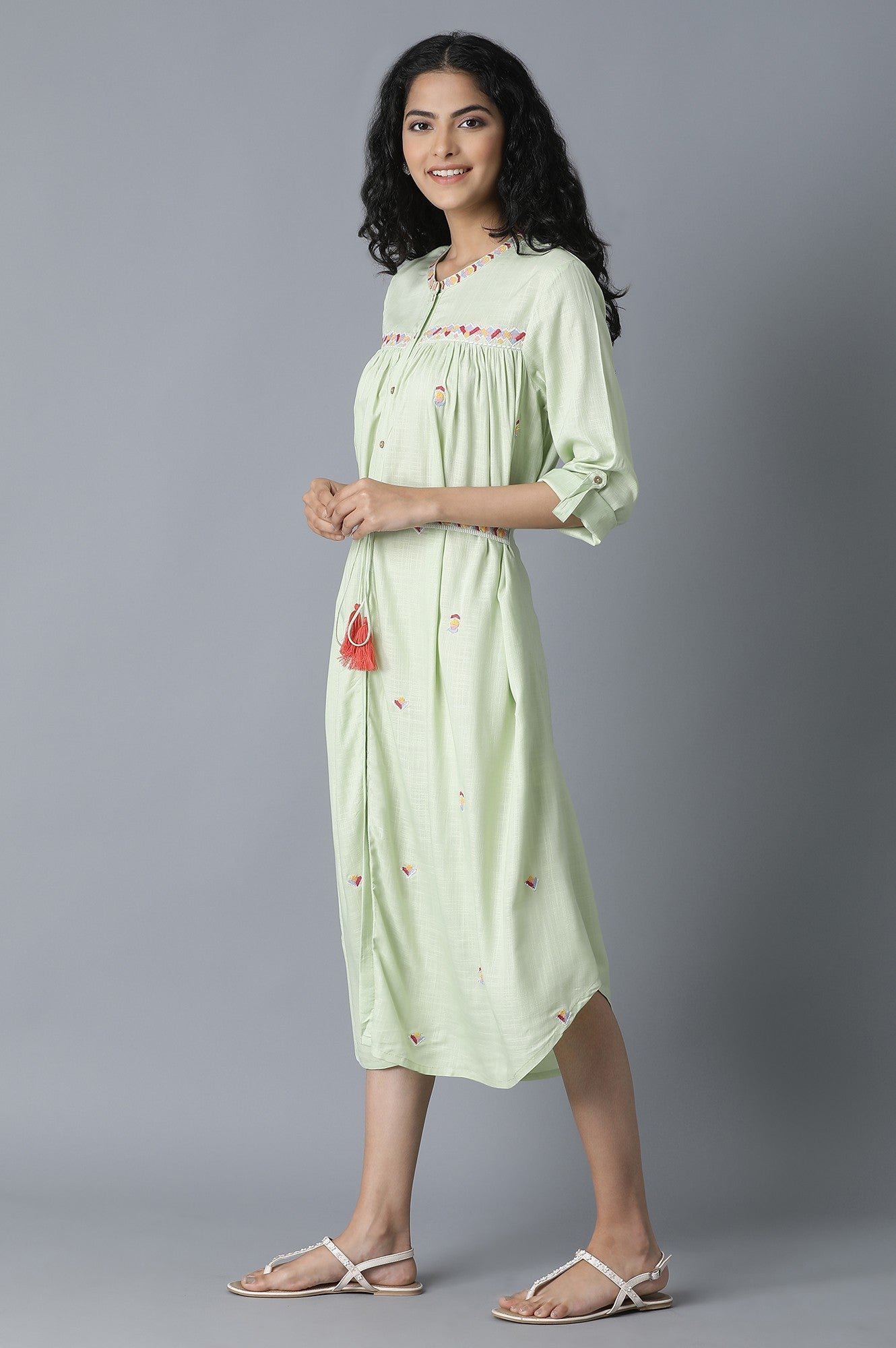 Pista Green Gathered Shirt Dress